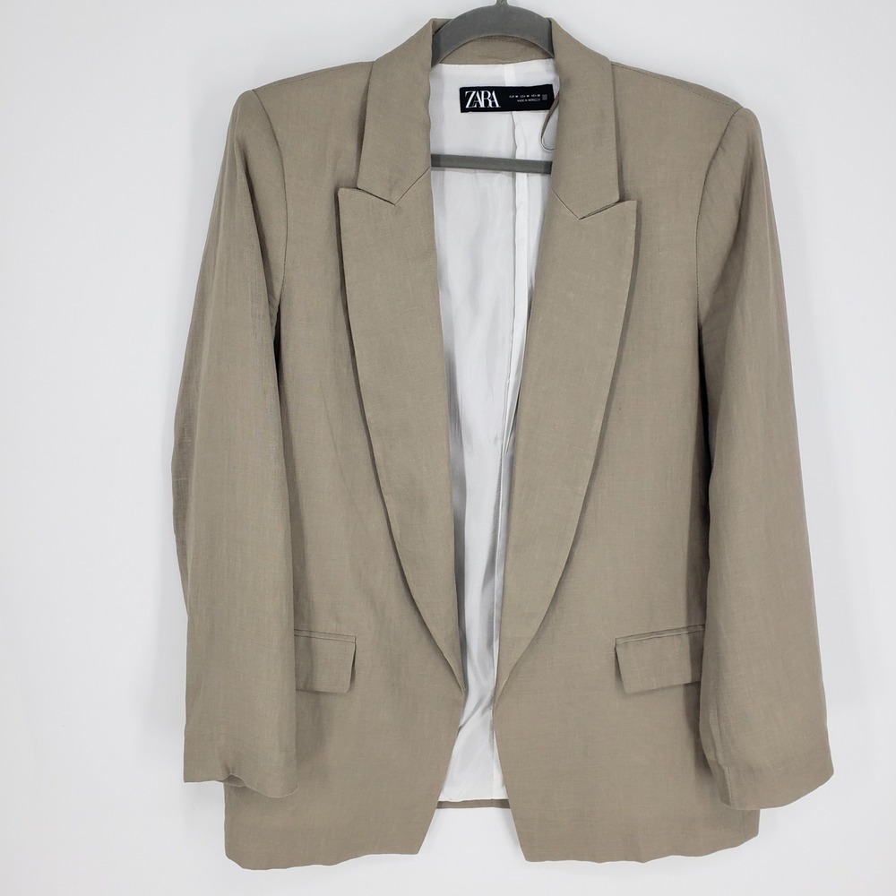 Zara Tan Linen Open Front Blazer Jacket Women Size Medium Relaxed Boyfriend Fit
